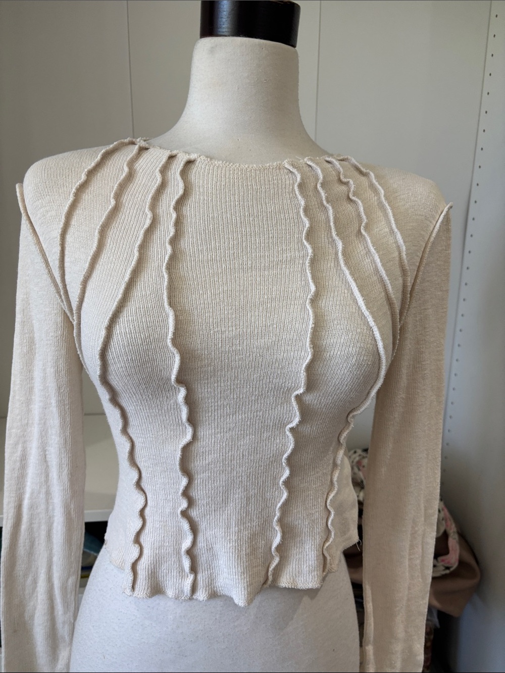 Cream Long-Sleeve Textured Ruffle-Trim Top - Picture 2 of 10